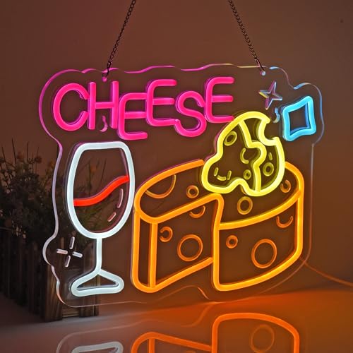 Image of Cheese Neon Sign, Neon Lights Hanging Wall Art Decoration for Store Retail Shop Market Mall Grocery Bakeries Cafe Celebration Home Decor, USB Powered Ultra Bright Dimmable, 15.75x11.8inches