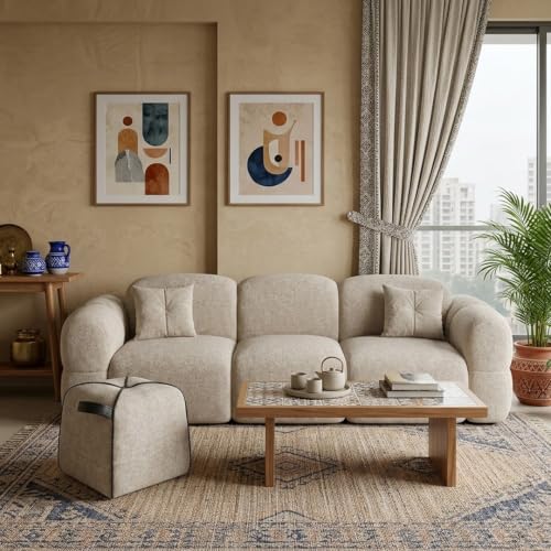 Image of FURNY Luxury Nimbus 4 Seater + Suri Pouf Sofa Set for Living Room | Boucle Weave Fabric Upholstered | Modern Cushioned Comfortable Couch for Home Office & Drawing Room | Sandstone Beige