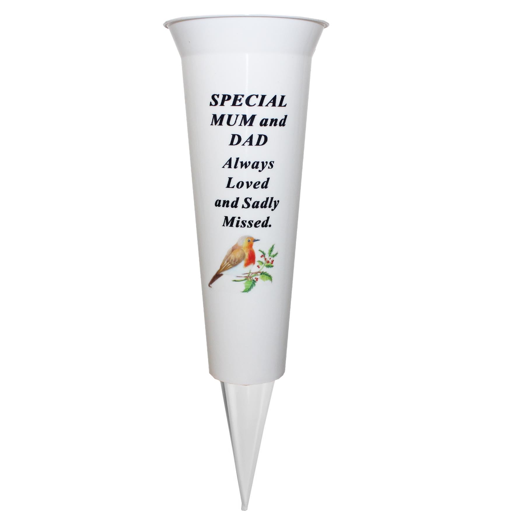 Widdle Gifts Special Mum And Dad Memorial Grave Flower Pot - 33Cm Tall Sturdy White Memorial Graveside Flower Vase With Spike And Robin Image (Special Mum And Dad)