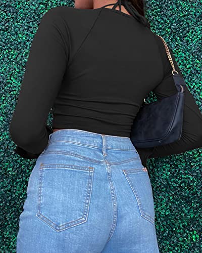 Women's Sexy Halter Criss Cross Tie Up Crop Top Basic Long Sleeve Cut Out T Shirt2