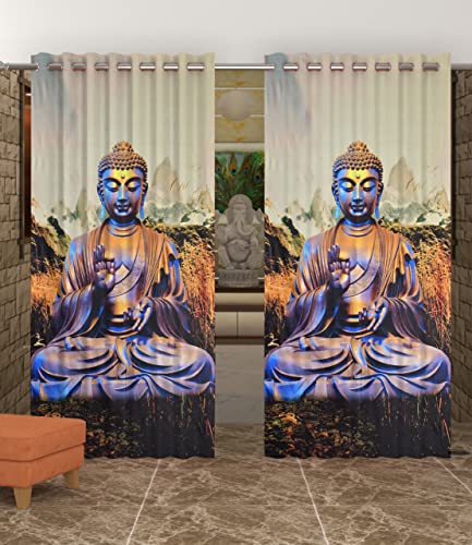 Image of UNITMALL Digital Printed God Curtains Pack of 2 | Home Mandir Pooja Room Decor Bhgwan Long Door Curtain 9ft | Polyester Eyelet Drapes & Panels (4x9 Feet, Budha)