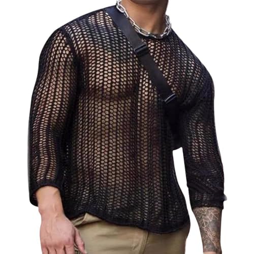 Men's Mesh Shirt See Through Long Sleeve Fitted Crew Neck Muscle Top Undershirt Party Club