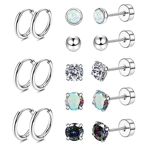 Jstyle Surgical Steel Earrings for Sensitive Ears - Hypoallergenic 20G Stainless Stud and CZ Hoop Earrings for Women and Men - Silver Tone Cover