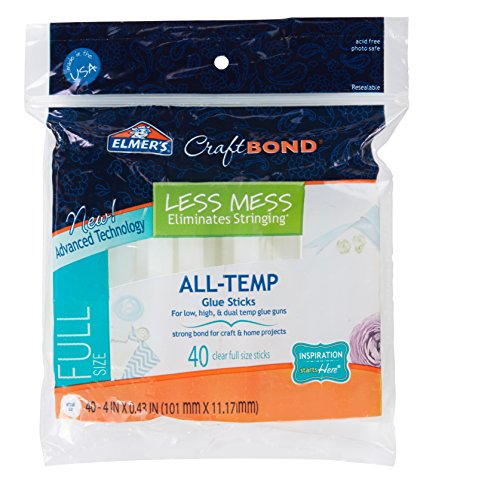 Elmer's, 4in, Full Size, Pkg. Less Mess Hot Glue Sticks, 40 Count, White