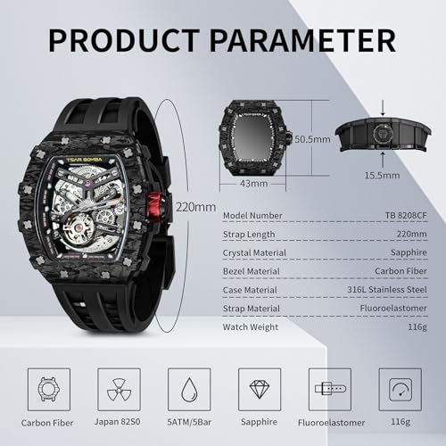 Image of TSAR BOMBA Men's Automatic Watch Tonneau Luxury Skeleton Watches for Men Mechanical 50M Waterproof Analogue Watches Mens Unique Cool Square Big Face Dial Wristwatch with Silicone Strap Band