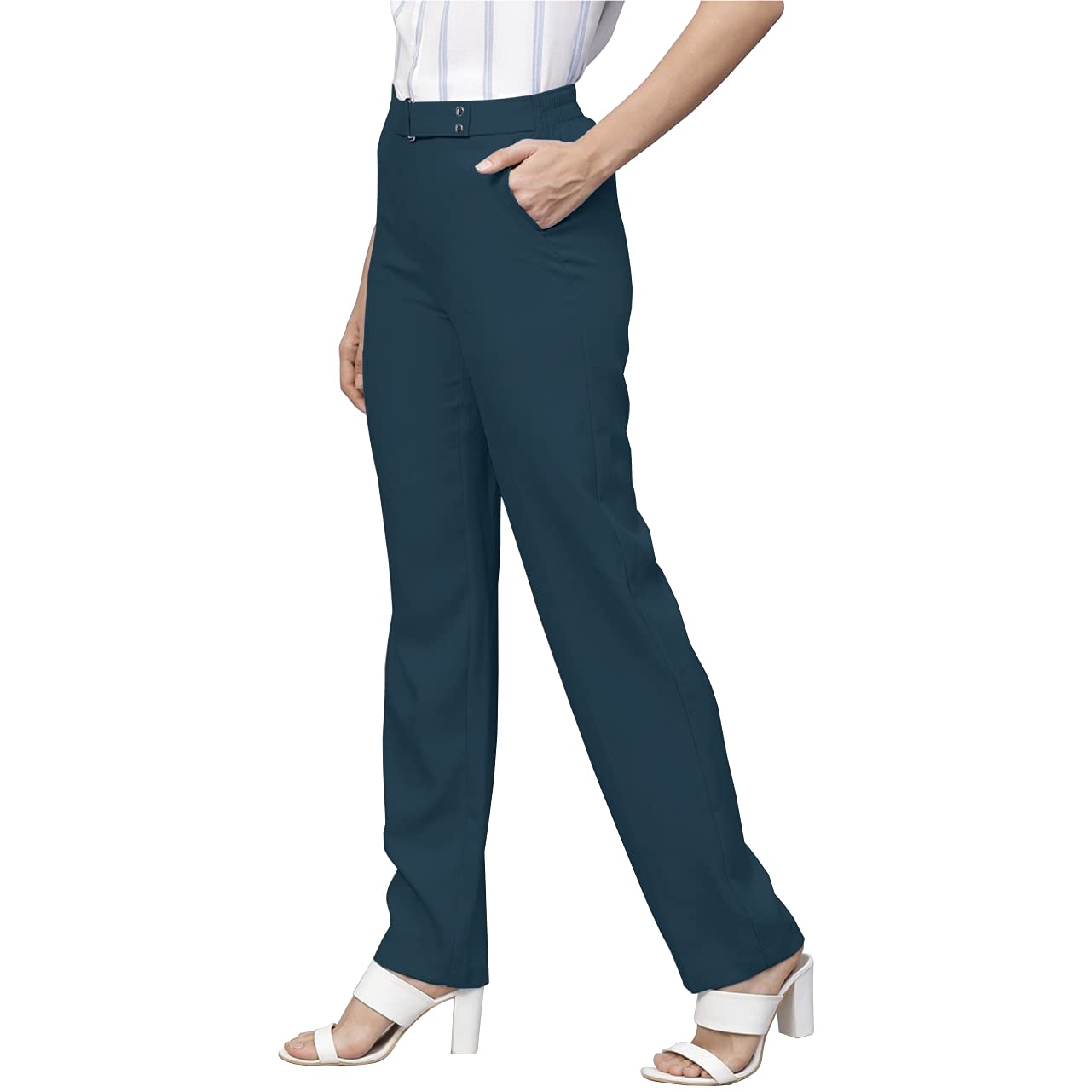 Outer Wear Women Attractive Design Stretchable Cotton Elasticated Back Belt Front Buckle Rivet Design Regular Fit Pant