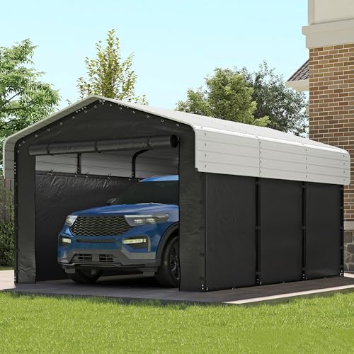 Image of Real Relax 10x15FT Heavy Duty Carport with Removable Sidewalls, Metal Car Port Multi-Use Outdoor Storage Trucks, Cars, Boats, Galvanized Metal Roof, Cream White