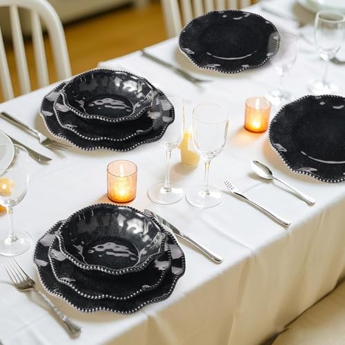 Image of ADSAURMELA 6-Piece Black Melamine Dinnerware Set Service for 2, Scalloped Plates with Beaded Edge & Silver Glitter, Heavy Duty, Shatterproof, Luxury Charger Plates for Halloween Wedding Gala Outdoor