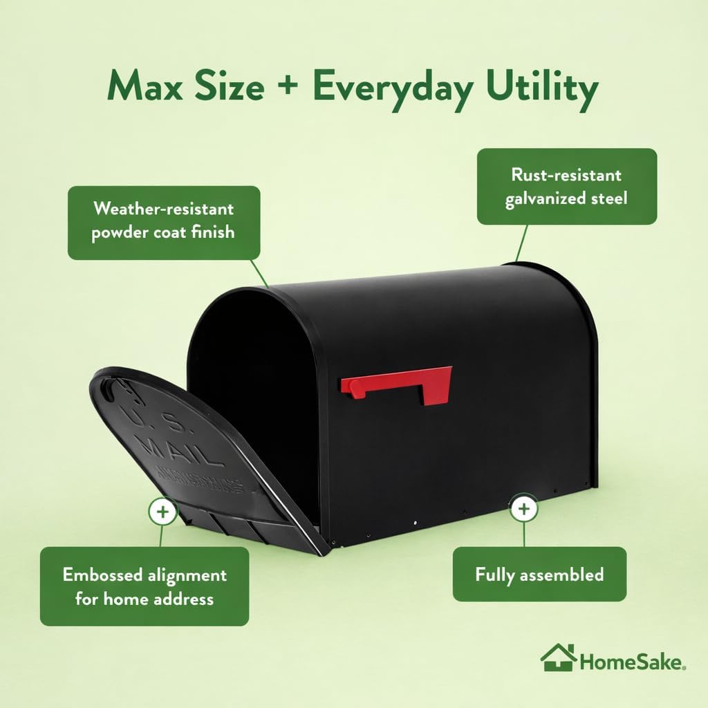 HomeSake Post Mount Mailbox, Large Capacity Heavy Duty Outdoor Metal Mailbox with Flag, Weather Resistant Steel Design for Curbside Driveway Residential Use (Black, Extra Large)