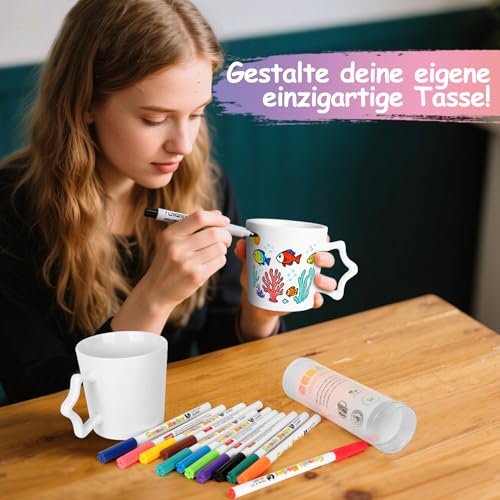Topspitgo Keramik Bemalen Set, Tassen bemalen set für erwachsene diy kreativ zuhause kunstbedarf, 2 Tasse with porzellanstifte (12 Farben)