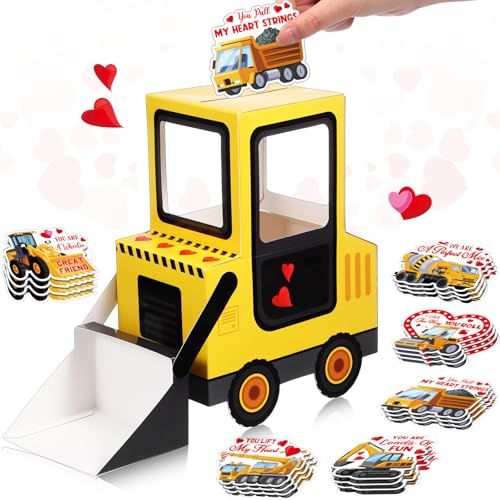 Pasimy DIY Valentines Day Mailbox with 33 Construction Vehicle Cards Valentines Day Crafts for Kids Bulldozer Mailbox Classroom Exchange Party Activity Box Crafts for Kids Girls Boys