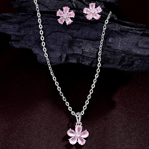 Image of ZENEME Rhodium Plated Silver Toned American Diamond Studded Floral Shaped Pendant Chain With Earrings Jewellery Set For Women And Girls