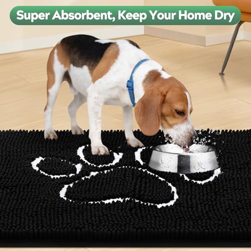 Dog Door Mat for Muddy Paws, Pet Rug Chenille Absorbent Outdoor Doormat 48"x 30", Non Slip Heavy Indoor Doormat Soft Front Inside Doormats for Entryway, Mud Paws, Patio,Dog Paw Black