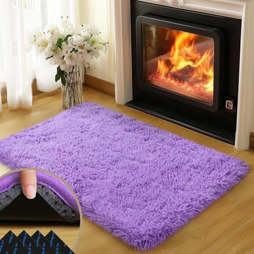 2x3 Rugs for Bedroom, Fluffy Area Rugs for Living Room, Soft Shag Kids Rug Small Carpet with 4 Non-Slip Rug Pads (Purple, 2ft x 3ft)