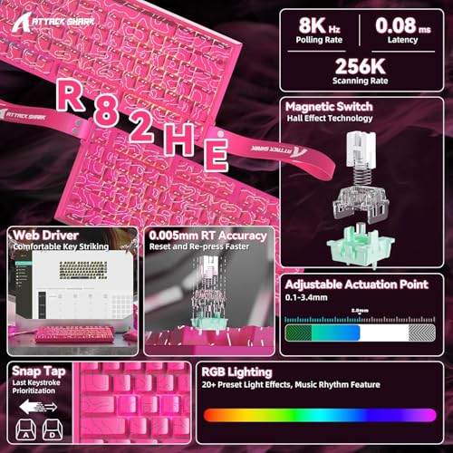 Image of ATTACK SHARK R82HE Rapid Trigger Wired Mechanical Gaming Keyboard TKL NKRO RGB with 8K Polling,0.005mm Accuracy,256K Scan Rate,5 Layer Sound Damped,Hall Effect Magnetic Switch for PC Mac(Rose Contour)