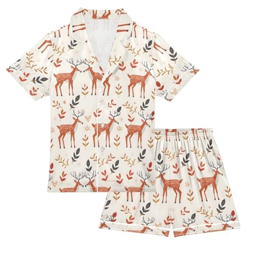 ALAZA Deer Leaf Tree Animal Satin Pajamas Set Short Sleeve Button Down Sleepwear Summer Pjs 2 Piece