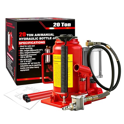 VONLX Air Hydraulic Bottle Jack with Color Box 20 Ton (40 000 lbs) Cap Welded Pneumatic Bottle Jack 10-1/4-20 inch Lifting Range Manual Handle and Air Pump for Car Pickup Truck RV Auto Repair