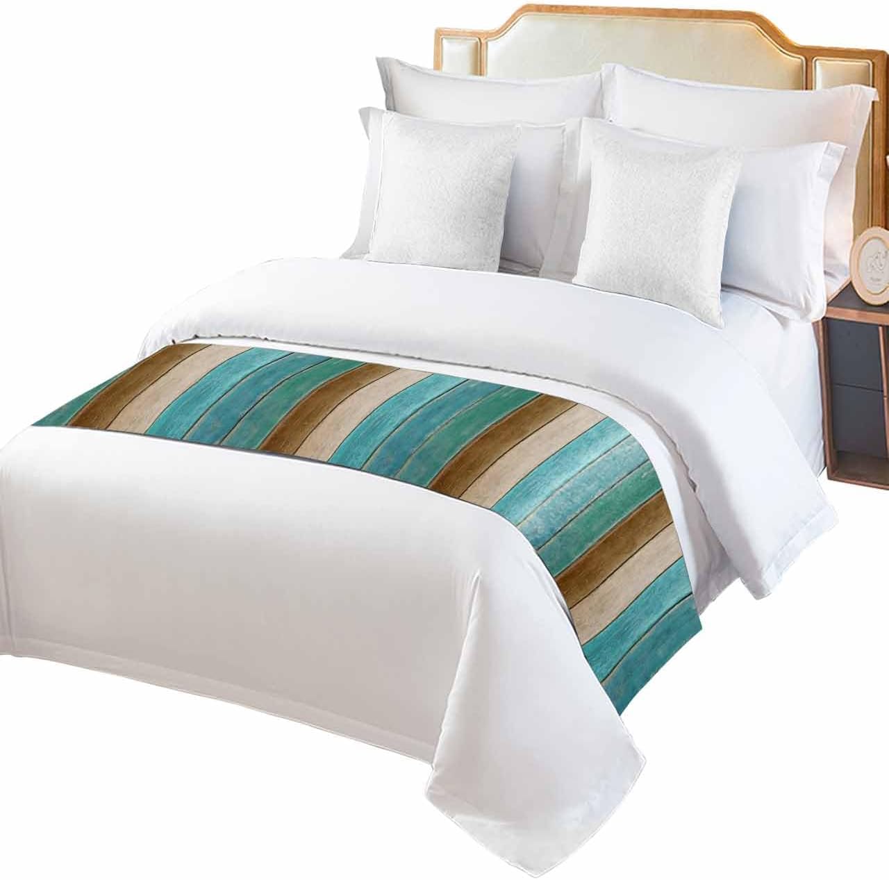 Yukro Gradient Bed Runner Scarf, Turquoise Brown Wooden Board Gradient Farmhouse Country King Bed Scarf Runner, No Fading Decorative Bedding Scarf for Bedroom Hotels Homes and Guestrooms