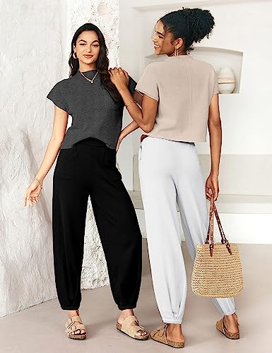 Merokeety Women Two Piece Outfits Sweater Sets Knit Pullover Tops High Waist Pants Lounge Set Tracksuit, Oatmeal, X-S #TOP3