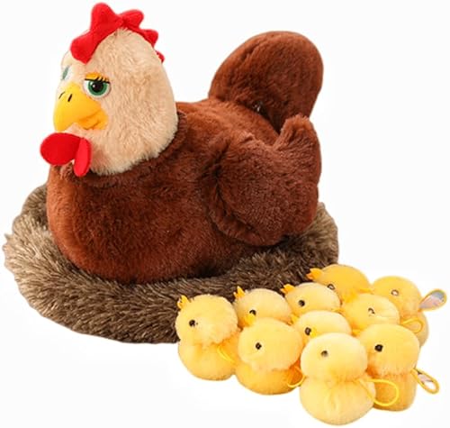 Juego de muñecas de gallina de peluche con nido y pollitos – Divertida decoración de fiesta para madre, gallina y pollitos, regalos para niños y
