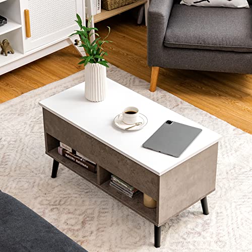 Tangkula Lift Top Coffee Table, Wooden Lift Tabletop Dining Table With Hidden Storage & 2 Open Shelves, Metal Hydraulic Lifting Device, 4 Pine Legs, Rising Tabletop Central Table For Living Room #TOP2