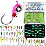 Dovesun Ice Fishing Jigs Kit Glow in The Dark Fishing Gear Lures 35 Pcs Ice Jig Head with Tackle Box for Panfish Walleye Crappie Perch Bluegil Trout