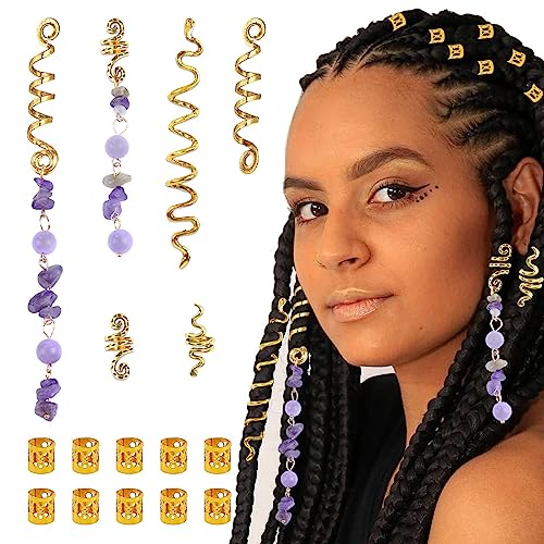 26 Pcs Dreadlock Hair Accessories Celtic Loc Jewelry for Braiding, 6 Spiral Coil Hair Clips 20 Hair Rings Cuffs Hair Dreadlocs with Colored Natural Stone Pendant