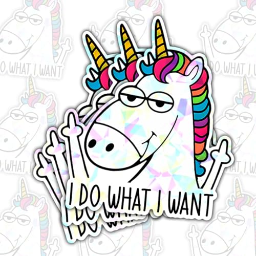 3Pcs I Do What I Want Unicorn Sticker, Funny Unicorn Middle Finger Vinyl Sticker, Humor Motivational Quotes Inspirational Vinyl Decal for Laptop Water Bottle Phone Hard Hat 3" (Hologram, 3in)