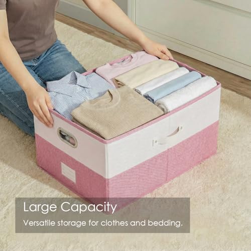 Image of PRANDOM Storage Bins with Lids [3-Pack] Linen Fabric Foldable Storage Boxes Organizer Containers Baskets Cube with Cover for Bedroom Closet Office White&Pink (23.4X15.9X11.4)