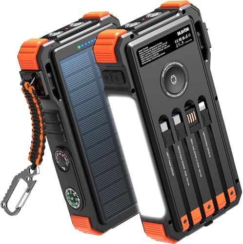 BLAVOR Solar Power Bank 20000mAh Built-in Cables, Wireless Charge...