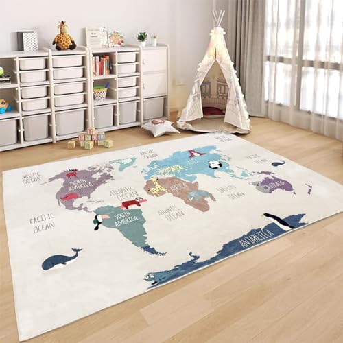 USTIDE Kids Area Rug Pink Rug World Map Cute Animal Rugs Educational Floor Carpet for Boy Girl Machine Washable Area Rugs for Living Room Bedroom Playroom, 5 x 7Ft