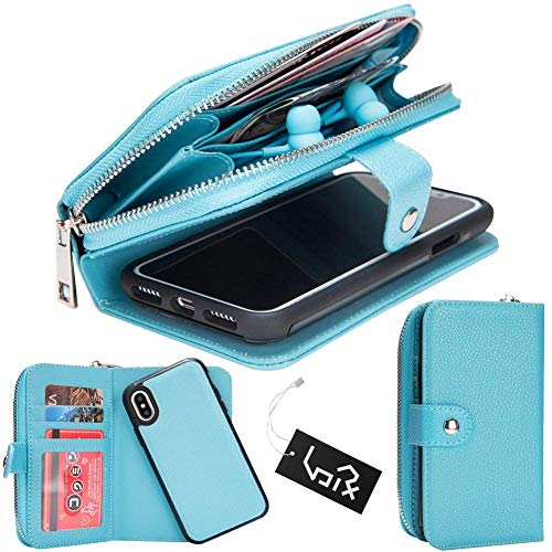 Urvoix for iPhone Xs Case, iPhone X Case, Leather Zipper Wallet Handbag with Strap, Detachable Magnetic Case with Flip Card Holder Cover for iPhone 10 / Xs/X Blue