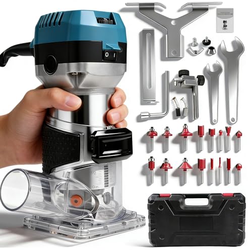 Fresadora De Madera Rebajadora Eléctrica, 1000W 30000 RPMfresadora de bordes recortadora de madera, 6 Velocidades Variables, enrutador de madera compacta Router de mano con 15 Piezas Fresas