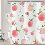 Hnmdmyi Duschvorhang Rosa Pfirsich 180x200, Niedliche Früchte Grünes Blätter Duschvorhänge Aquarell Kunst Malerei Ästhetische Badewanne Vorhang Wasserdicht Stoff Waschbar Badevorhang mit Haken