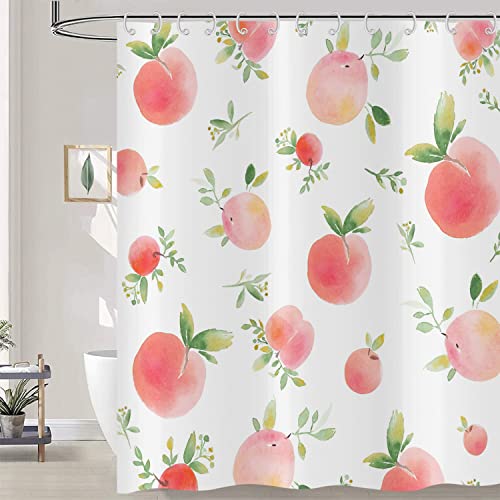 Hnmdmyi Duschvorhang Rosa Pfirsich 180x200, Niedliche Früchte Grünes Blätter Duschvorhänge Aquarell Kunst Malerei Ästhetische Badewanne Vorhang Wasserdicht Stoff Waschbar Badevorhang mit Haken