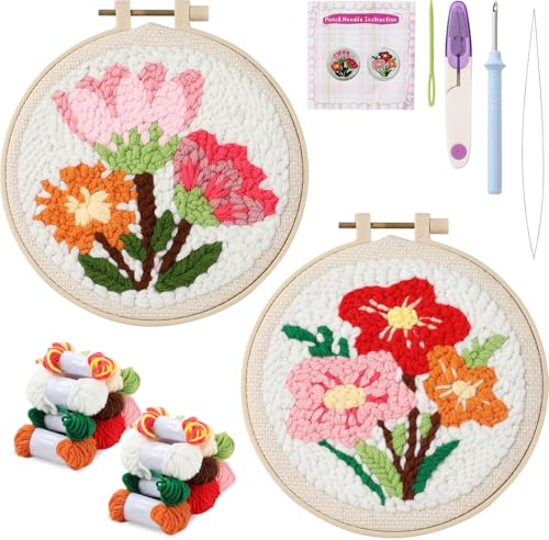 Image of ojustbeok 1 Set Punch Needle Embroidery Starter Kits Includes Punching Needling Fabric with Pattern, Yarns, Embroidery Hoops, Sewing Needles, Instruction for Adults Beginner DIY Handmade Crafts Gifts