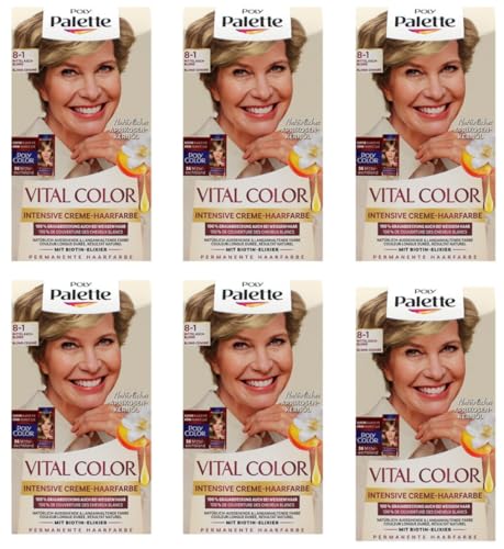 6 x Poly Palette Vital Colour Intensive Cream Hair Colour, 8-1 Medium Ash Blonde, Natural-Looking & Long-Lasting Colouration, Permanent Colouration Even with White Hair, 115 ml (Pack of 6)