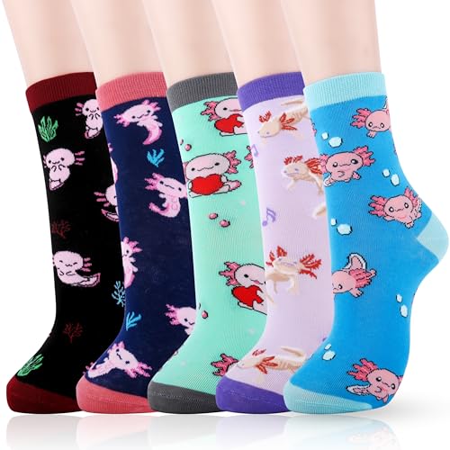 Belloxis Axolotl for Gifts Girls Women, 80% Cotton Novelty Crew Fun Wear 5 Pairs Socks, Funny Axolotl Gifts for Teen Girls Adult, Kawaii Socks Stuff Birthday Valentines Day Gift