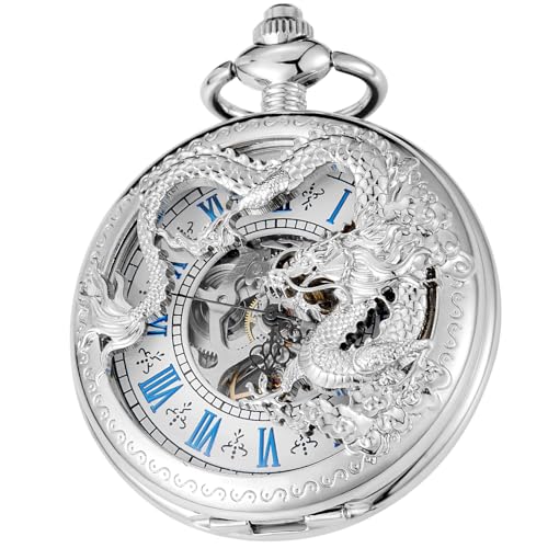 Reloj de bolsillo mecánico para hombre con números romanos, dragón grabado y estética retro