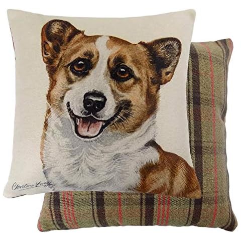 EVANS LICHFIELD ROYAL CORGI DOG FILLED REVERSIBLE TARTAN BROWN BEIGE COTTON CUSHION 43CM - 17" Cover