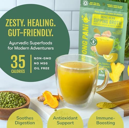 Moong Pani Whole Mung Sipping Broth Powder Ginger Lemon Cilantro Turmeric | Plant Protein Vegan Bone Broth Alternative | High Fibre Gluten Free | 9 Cups 108g — view 3