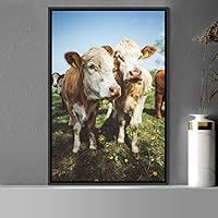 Framed Canvas Wall Art Cow Animals Expressive Farmhouse/Country Goat Living Room Multicolor Photography - 16x24 inches