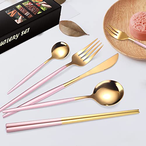 Aarainbow 4*8 Pieces Stainless Steel Flatware Set Portable Reusable Cutlery Set Travel Utensils Set Including Chopsticks Knife Fork Spoon Straws Cleaning Brush Dishwasher Safe (4 Colors) #TOP6