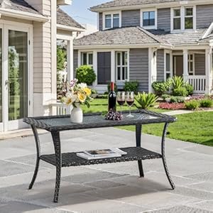 Outdoor Coffee Table - Patio Rattan Wicker Coffee Table with Tempered Glass Top and 2-Tier Storage Outdoor Table for Deck Porch Balcony Garden - Brown Outdoor Coffee Table Patio Rattan Wicker Coffee Table with Tempered Glass Top and 2 Tier Storage Outdoor Table for Deck Porch Balcony Garden Brown