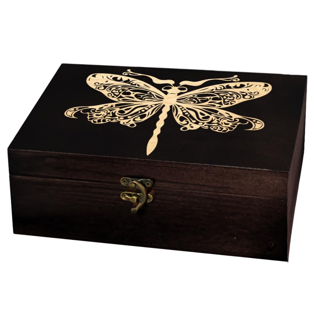 arricraft 1 Pc Wooden Keepsake Storage Box, Dragonfly Pattern Rectangle Pine Tarot Card Memory Box for Anniversary Jewelry Board Storage 24x14x9cm (9.45x5.51x3.54 inches)