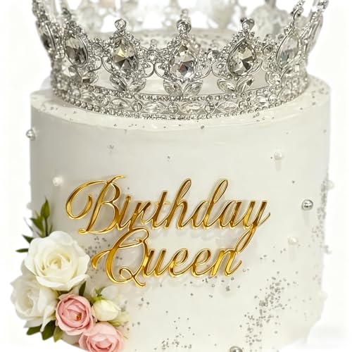 Happy Birthday Queen Cake Topper, Mirror Gold Acrylic Queen Birthday Cake Side Decoration for Women Girls Birthday Cake Charm Valentine's Day Mother's Day Cake Decoration