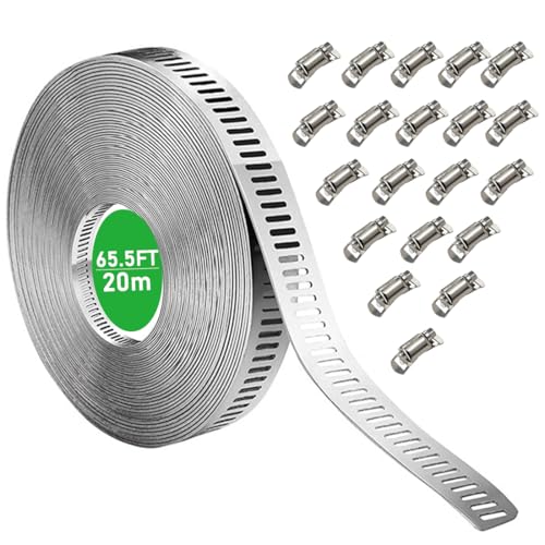 65.5FT/20m Stainless Steel Hose Clamps Assortment Kit with 20pcs Fasteners, Adjustable Long DIY Metal Band Clamp Band Fittings Strap for Pipe, Intercooler, Plumbing, Tube, Radiator and Fuel Line