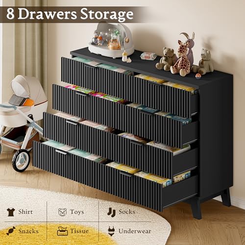 Image of BORNOON 53 inch Wide Dresser for Bedroom, 8-Drawer Fluted Chest of Drawers, Modern Wood Highboy with Metal Slides and Handles, Anti-Tip Kit, Vertical Clothes Storage Organizer for Apartment, Closet