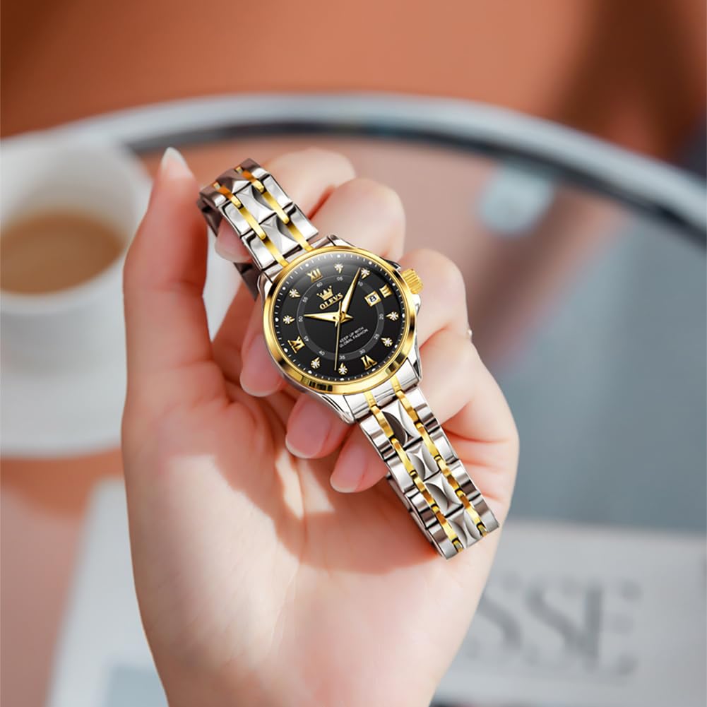 OLEVS Armbanduhr für Damen, zweifarbig, mit Datumskleid, Damenuhren für kleine Handgelenke, luxuriös, leicht ablesbar, wasserdicht, blau/schwarz/gold/silbernes Zifferblatt, Reloj para Mujer