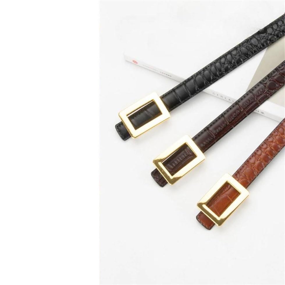 Pohullan Women Metal Square Buckle Thin Belt Casual High Sense Dress Jeans Leather Belt2